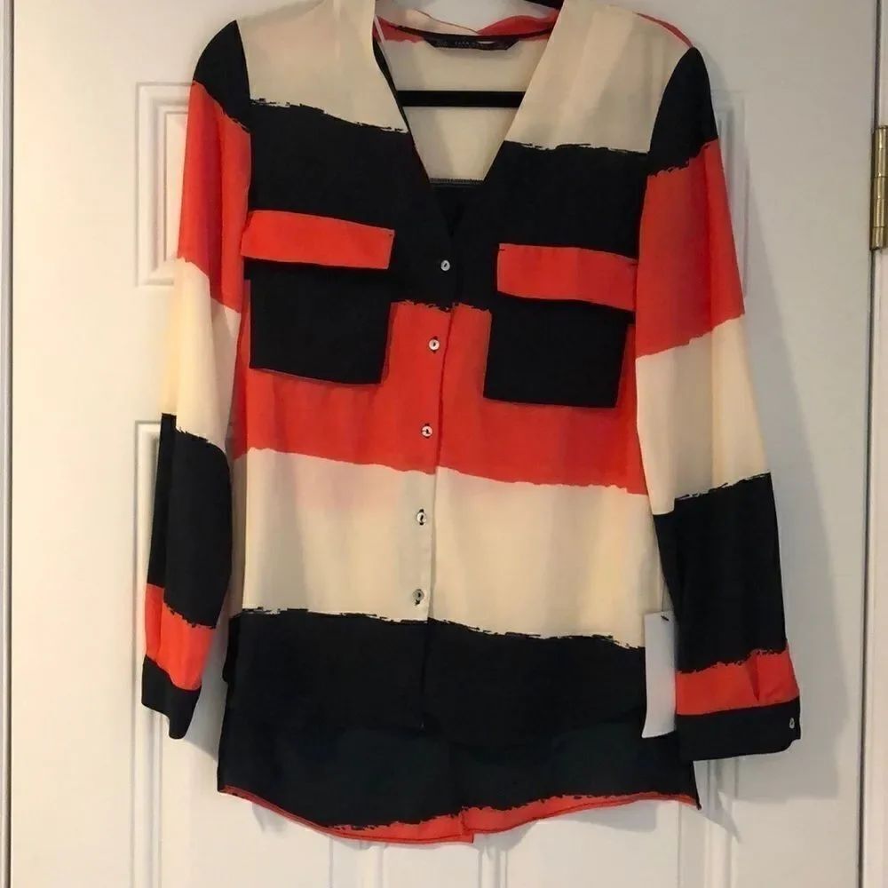 Zara Black, Ivory and Orange Button Down Blouse